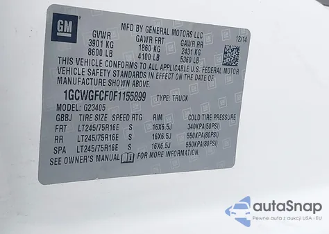 2015 Chevrolet Express 2500 Work Van z USA, uszkodzony, nr VIN 1GCWGFCF0F1155899